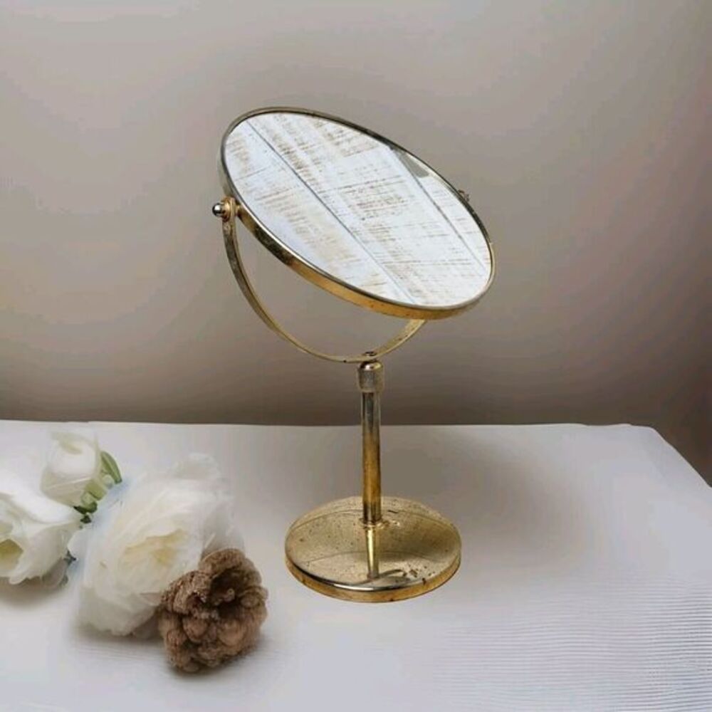 Vtg Gold Metal‎ Brass Vanity Double Mirror Swivel Standing